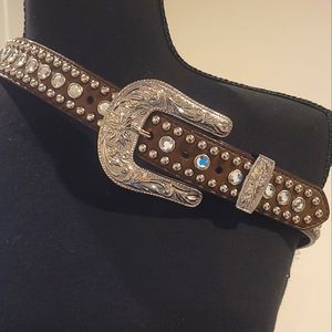 Brown Leather Rhinestone Belt